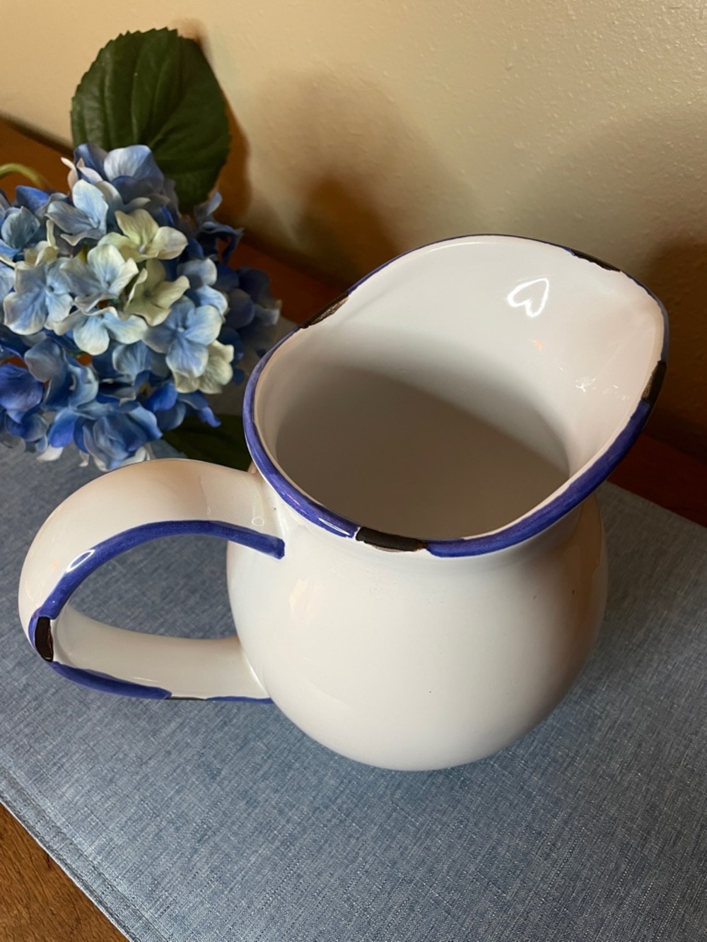 Vintage White Ceramic Pitcher with Blue Trim-Shabby Chic Cottagecore Style - Picture 3 of 10